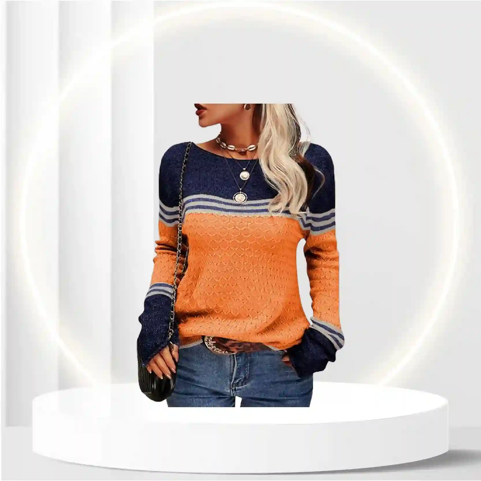 Danedvi Women Autumn Winter Colorblock Pullover Sweaters Round Neck Striped Slim Fitting Knitwear Tops Orange