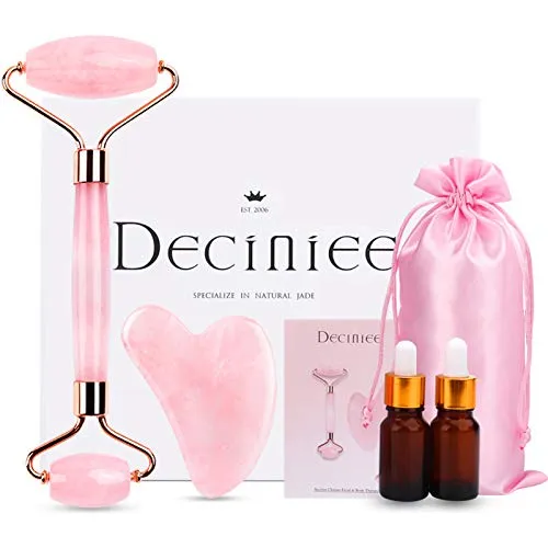 Deciniee Jade Roller and Gua Sha Set-Jade Roller for Face 4 in 1 Facial Massager Kit with Gift Bag and Oil Bottles,100% Real Rose Quartz Beauty Roller with Heart Gua Sha Massage Tool for Eye,Neck,Body