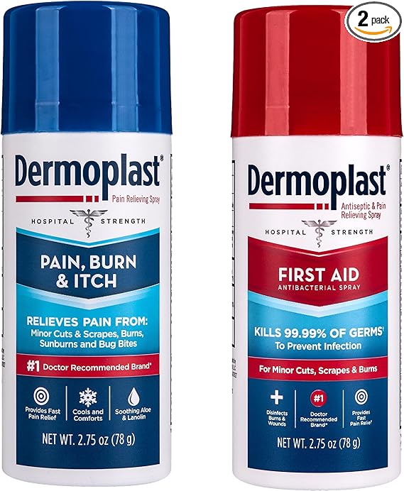 Dermoplast First Aid Spray for Minor Cuts, Scrapes and Burns, 2.75 Oz and Dermoplast Pain, Burn & Itch Relief Spray for Minor Cuts, Burns and Bug Bites, 2.75 Oz (Packaging May Vary)