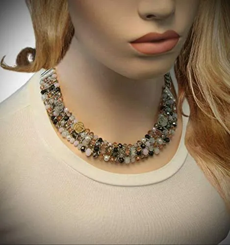 Designer Magsamen Multicolor Beaded Collar Necklace Multistrand Statement Chunky Pendant Rhinestone Necklace for Women