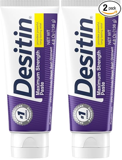Desitin Maximum Strength Baby Diaper Rash Cream, 40% Zinc Oxide for Treatment, Relief & Prevention, Hypoallergenic, Phthalate- & Paraben-Free Paste, Protects Skin for 12 Hours, 4.8 oz (Pack of 2)