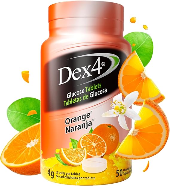 Dex4 Glucose Tablets, Orange, 50 Count Bottle, Each Tablet Contains 4g of Carbs
