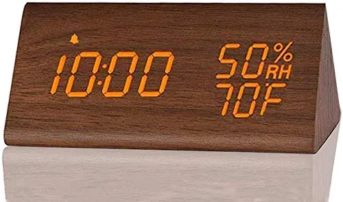Digital Alarm Clock, with Wooden Electronic LED Time Display, 3 Alarm Settings, Humidity & Temperature Detect, Wood Made Electric Clocks for Bedroom, Bedsideâ¦ (Brown)