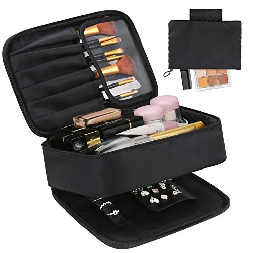 DIMJ Makeup bag and Jewelry Bag for Women, 2 in 1 Travel Make Up Bag Organizer with Compartments Portable Waterproof Makeup Case for Cosmetics Brushes Necklaces Earrings Bracelets Toiletry (Black)