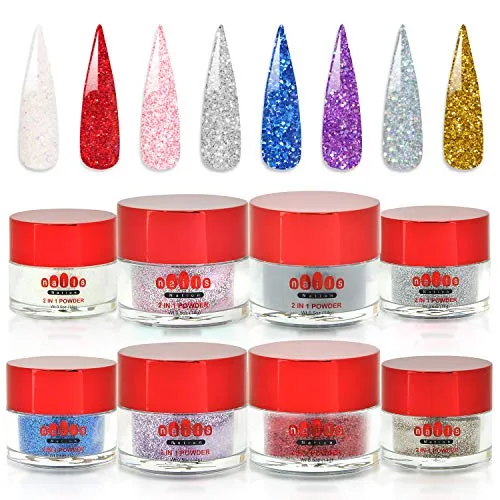 Dip Powder Nails Color Set with 8 Glitter Colors, Easy to Use Glitter Colors Dipping Powder Nails System for French Nail Manicure Nail Art No UV/LED Nail Lamp Needed. Not include liquids set