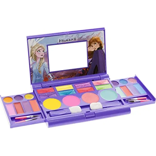 Disney Frozen 2 - Townley Girl Cosmetic Compact Set with Mirror 14 lip glosses, 4 Body Shines, 6 Brushes Colorful Portable Foldable Washable Make Up Beauty Kit Box Set for Girls Kids Toddler