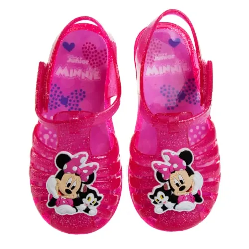 Disney Minnie Mouse Shoes - Girls Jelly Sandals - Mary Jane Flats Kids Baby Character Dress Costume Ballet Summer Slides Clear Beach Water Slip On - Pink Glitter (Size 8 Toddler)