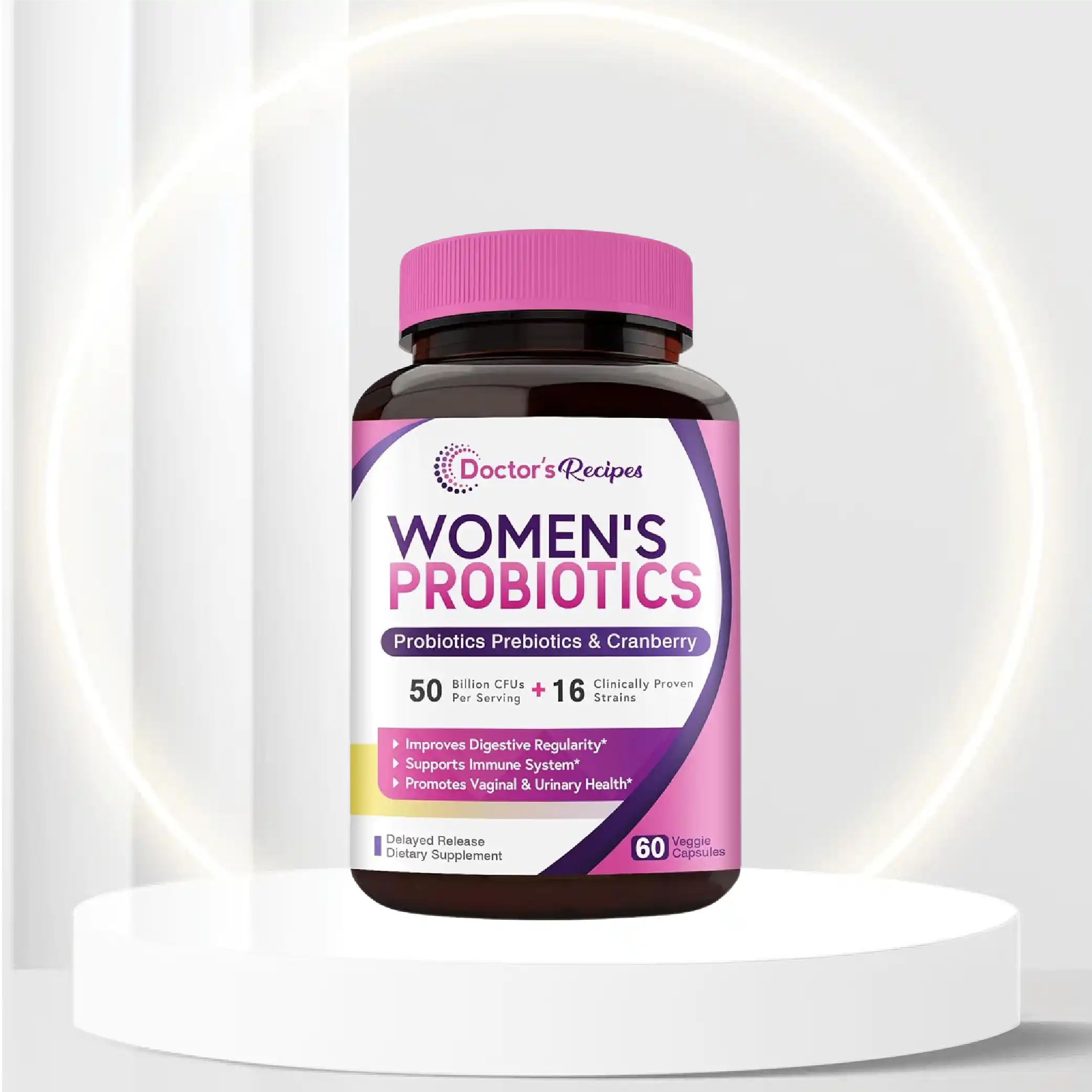 Doctor's Recipes Womens Probiotic, 60 Caps 50 Billion CFU 16 Strains, with Organic Cranberry, Digestive Immune Vaginal & Urinary Health, Shelf Stable, Delayed Release, No Soy Gluten Dairy