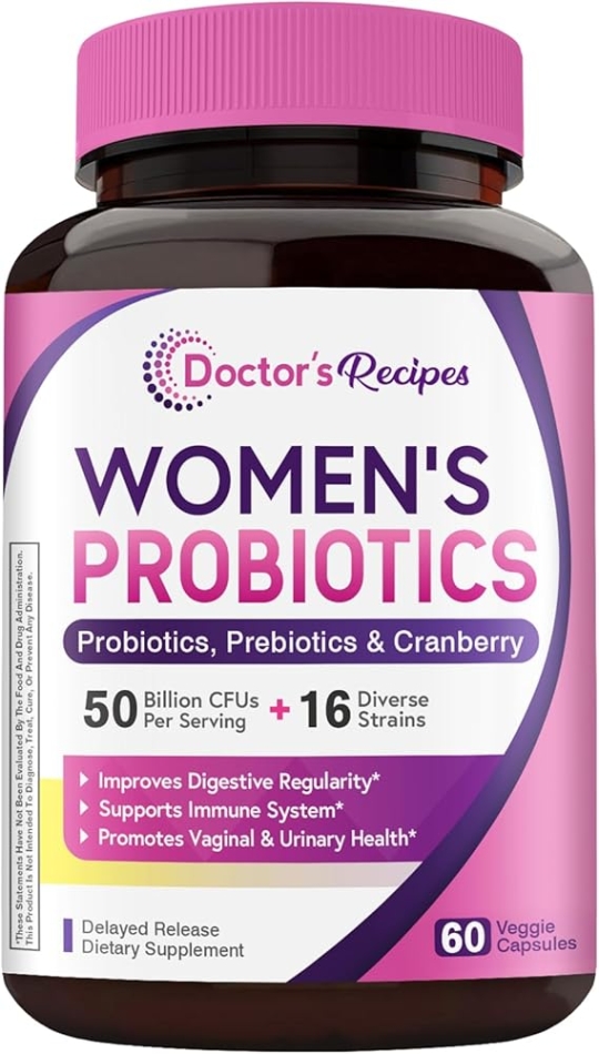 Doctor's Recipes Womens Probiotic, 60 Caps 50 Billion CFU 16 Strains, with Organic Cranberry, Digestive Immune Vaginal & Urinary Health, Shelf Stable, Delayed Release, No Soy Gluten Dairy