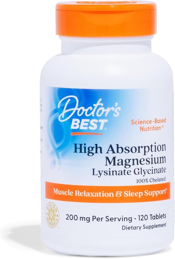 Doctors Best High Absorption Magnesium Glycinate Lysinate Supplement - 100% Chelated for Maximum Absorption - Magnesium for Sleep and Muscle Relaxation - 200 Mg Per Serving - 120 Tablets