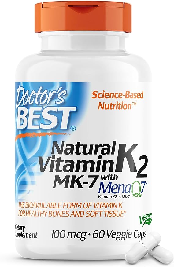 Doctors Best Natural Vitamin K2 Mk-7 with MenaQ7, 100mcg Vitamin K2 Supplement Supports Bone Health, Non-GMO, 60 Veggie Capsules