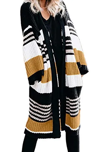 Dokotoo Womens Cardigan Sweaters Winter Autumn Loose Casual Striped Color Block Long Sleeve Warm Open Front Long Maxi Chunky Chenille Knit Cardigan Sweaters Coats with Pockets Yellow Meidum