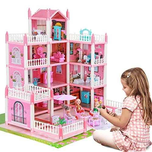 Dollhouse for Girls, DIY House Accessories Playhouse with Furniture and Rooms, Miniature Pretend Play Dreamhouse with Lights for Kids, Portable Building Dolls Playset Toys Kit Gift for Ages 6+