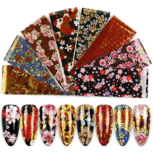 DouborQ 8 PCS Flower Design Nail Foil Transfer Stickers Fingernails Toenails Beauty DIY Foil Transfers Nail Decals Wraps Nail Art Decorations (Flower)