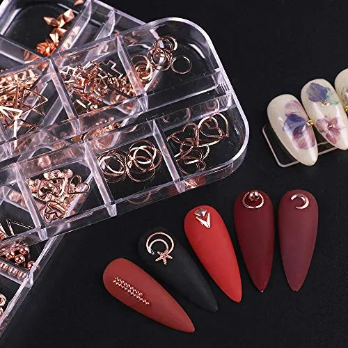 DouborQ Rose Gold Nail Art Studs 3D Nail Art Decoration,Exquisite nail art supplies,Nail Micro Caviar Beads, Star Moon Heart Triangle Square Rivet for DIY nail Decor Manicure Tips (Nail stud kit)