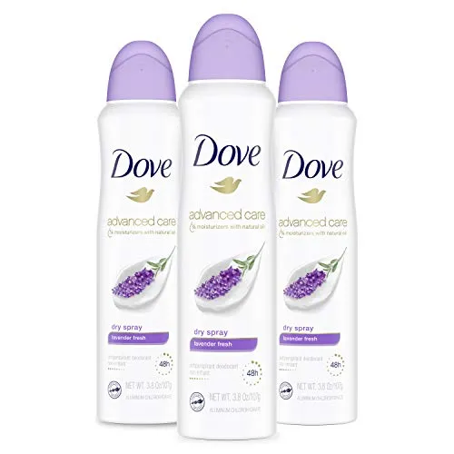 Dove Advanced Care Antiperspirant Deodorant Dry Spray 48 Hours of Sweat and Odor Protection Lavender Fresh Antiperspirant Spray With ï¿½ Moisturizers and 0% Alcohol 38 oz 3 count