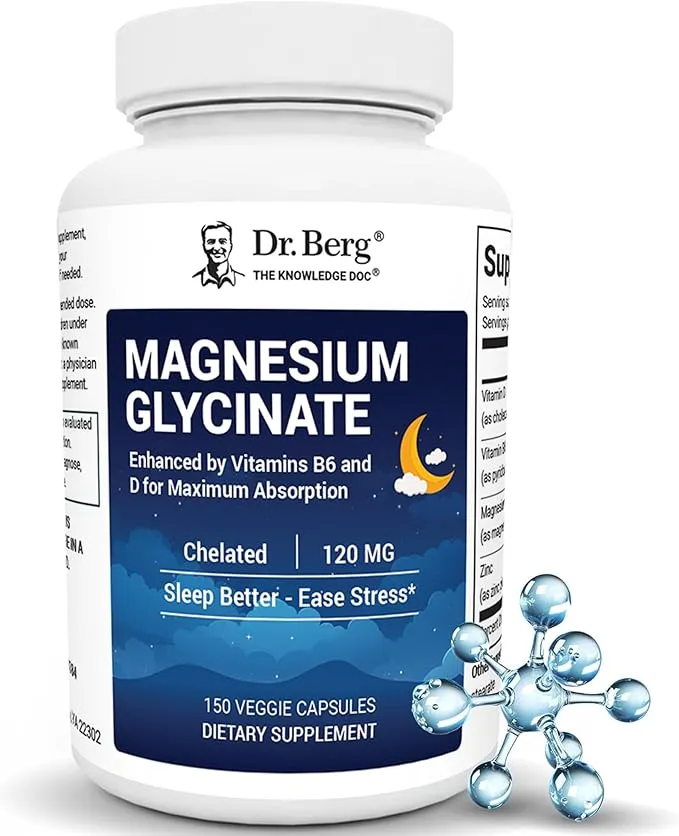 Dr. Berg Magnesium Glycinate with Vitamin D, B6 & Zinc for Stress Relief, Calm, Relaxation, & Good Sleep 120 mg Per Magnesium Supplement Capsule - Chelated Magnesium Glycinate - 150 Caps