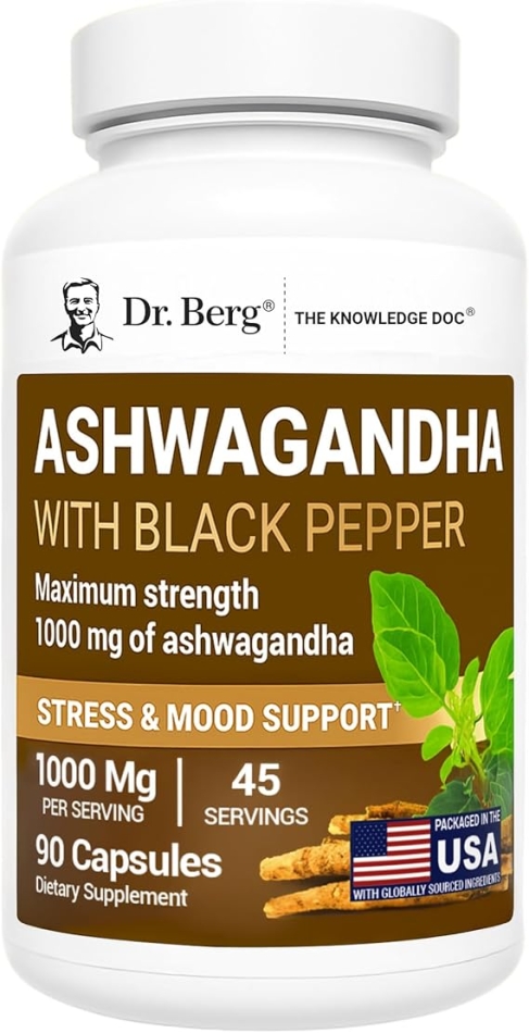 Dr. Berg's Ashwagandha with Black Pepper Supplement - Ashwagandha Capsules for Mood & Stress Support, Energy, Joint, Thyroid & Immune System - 1500mg Organic Ashwagandha Supplements - 90 Capsules