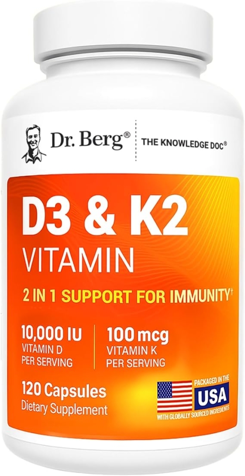 Dr. Berg's D3 & K2 Vitamin - D3K2 Supplement w/ Purified Bile Salts - Support Healthy Heart, Bone & Joint - 10,000 IU of Vitamin D3 & 100 mcg of Vitamin K2 MK7 - 120 Capsules
