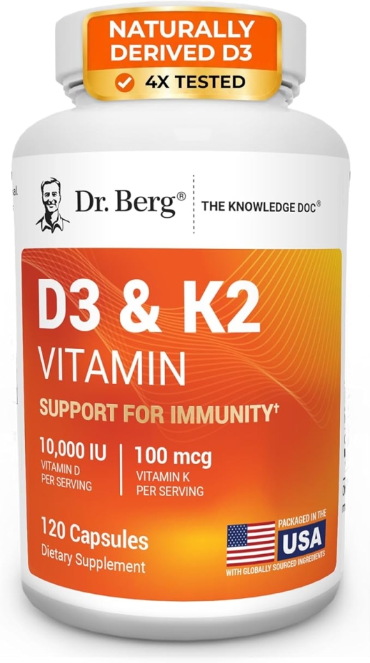 Dr. Berg's D3 & K2 Vitamin - D3K2 Supplement w/ Purified Bile Salts - Support Healthy Heart, Bone & Joint - 10,000 IU of Vitamin D3 & 100 mcg of Vitamin K2 MK7 - 120 Capsules
