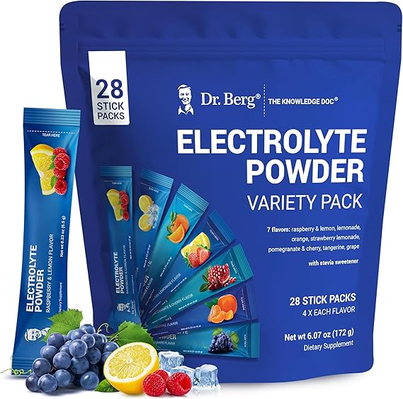 Dr. Berg's Electrolytes Powder Packets - Travel Size Electrolyte Packets Drink Mix - Boost Energy & Keto-Friendly - Hydration Powder Packets No Sugar & No Maltodextrin - 7 Flavors 28 Stick Pack