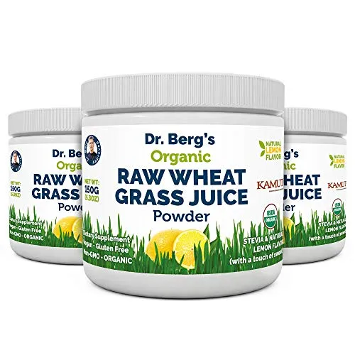 Dr. Berg's Organic Raw Wheat Grass Juice Powder with KamutTM - Natural Lemon Flavor - Rich in Vitamins, Chlorophyll & Trace Minerals - BioActive Dehydration & Ultra-Concentrated Nutrients (3 Pack)