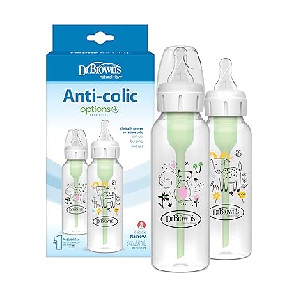 Dr. Brown's Natural Flow Anti-Colic Options+ Narrow Baby Bottle, Squirrel & Goat, 8 oz/250 mL, with Level 1 Slow Flow Nipple, BPA Free, 0m+, 2-Pack