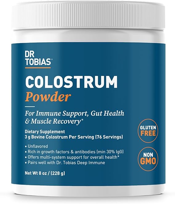 Dr. Tobias Colostrum Powder, Premium Bovine Colostrum Supplement for Immune Support, Gut Health & Muscle Recovery, 3g Per Serving, Minimum 30% IgG, Unflavored, 8 oz, 76 Servings