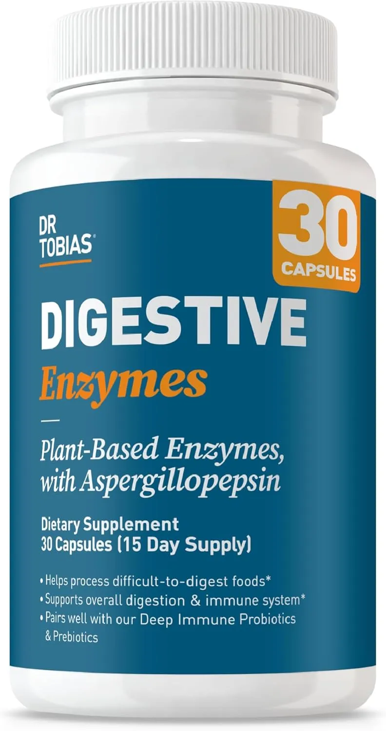 Dr. Tobias Digestive Enzymes with Amylase, Bromelain, Lipase, Lactase, Protease, Papain & More, Digestion Supplement with 18 Enzymes for Digestion and Gut Health, 30 Capsules, 15 Servings