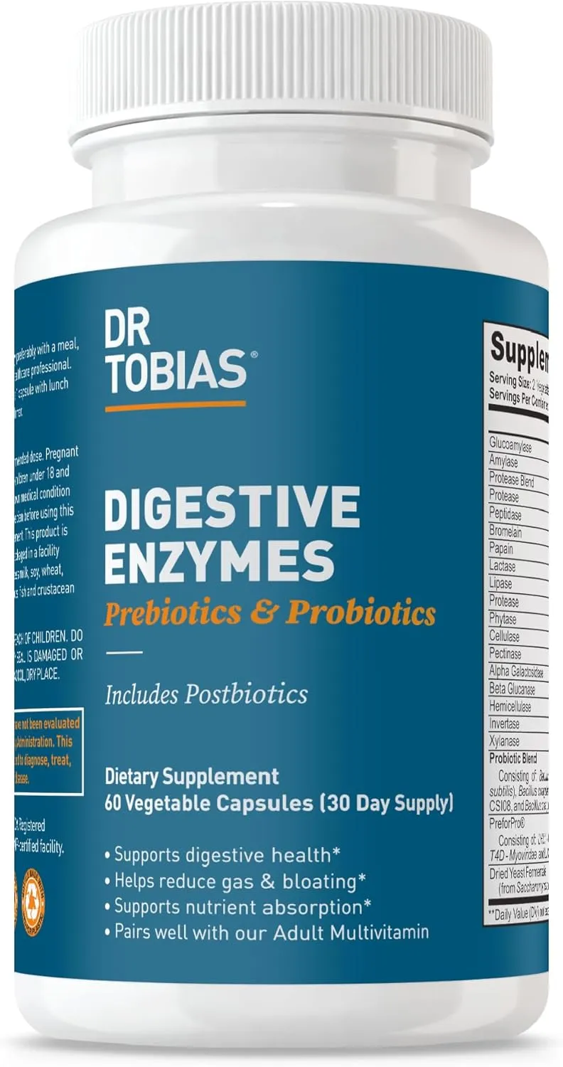 Dr. Tobias Digestive Enzymes with Probiotics, Prebiotics and Postbiotics Bromelain, Amylase, Lipase, for Better Digestion & Immune Function, 60 Capsules, 30 Servings (2 Daily)