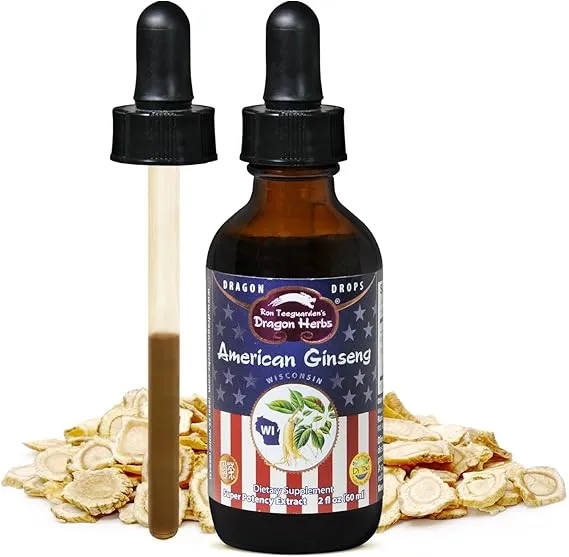 Dragon Herbs American Ginseng Drops  Liquid Dietary Supplement  Authentic Wisconsin Mature 6 Yr Root Extract, Skin & Lung Tonic  Adaptogen, Mental & Physical Performance  Cooling  2 fl oz, 60 ml