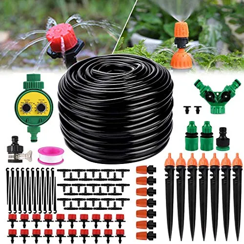 Drip Irrigation Kit, 82ft Automatic Micro Garden Irrigation System with Water Timer 1/4 Inches Blank Distribution Tubing Hose Adjustable Sprinkler Watering Drip Set