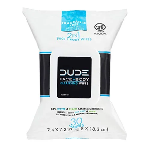 DUDE Face & Body Wipes 30 Count Unscented for Sensitive Skin Infused with Refreshing Sea Salt & Soothing Aloe, Moisturizing Face Cleansing Cloths for Men, Hypoallergenic, Alcohol Free