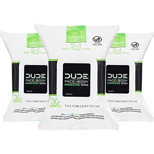 DUDE Face & Body Wipes (30 Wipes Each) Energizing & Refreshing Scent Infused with Pro Vitamin B-5, Face Cleansing Cloths for Men, Lightly Scented, Hypoallergenic, Alcohol Free, 30 Count (Pack of 3)