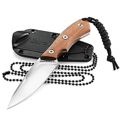 DuraTech Compact Fixed Blade Knife, 6-inch Neck Knife, 3-inch Blade, Full Tang, Wood Handle with Molded Sheath, Necklace and Paracord included, for EDC, Outdoor, Camping, Hiking
