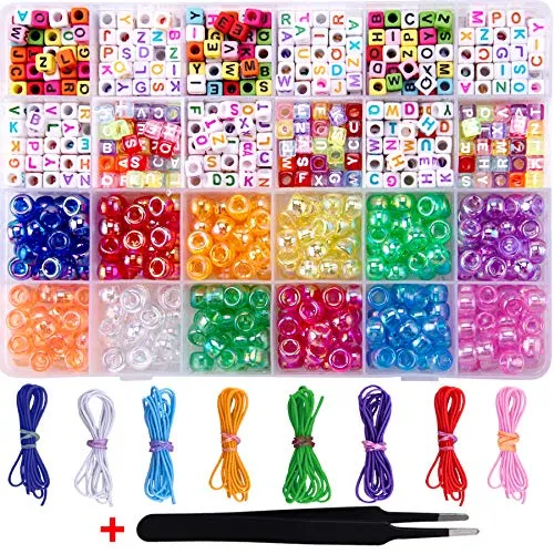 Duufin 1000 Pieces Bracelet Making Beads Pony Beads Letter Alphabet Beads Rainbow Color Beads with 8 Rolls Colorful Elastic Bracelet String and 1 Pc Tweezers for Jewelry Making DIY Crafts