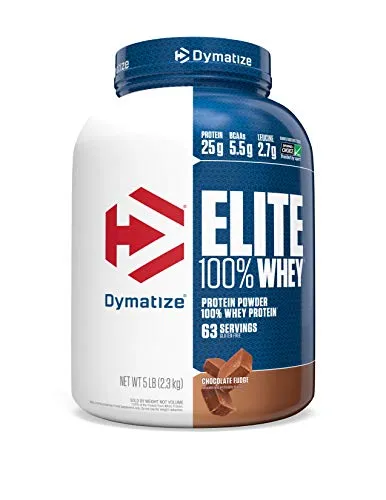 Dymatize Elite 100% Whey Protein Powder, 25g Protein, 5.5g BCAAs & 2.7g L-Leucine, Quick Absorbing & Fast Digesting for Optimal Muscle Recovery, Chocolate Fudge, 5 Pound