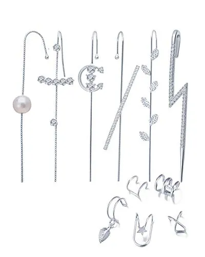 Ear Wrap Crawler Hook Earrings for Women Girls Fashion Unique Gold Cuff Earring Set Rhinestone Ear Jewelry (SLIVER MIXED)
