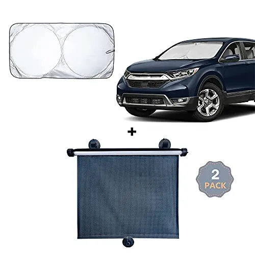 EcoNour Gift Bundle | Windshield Sun Shade (Medium Plus 64âx34â) + Car Side Window Sunshade (2 Pack) | Retractable Car Roller Sunshade | UV Rays and Sun Glare Protection