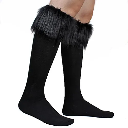 Ecosco Faux Fur Wrist Cuffs Warmer Cover Furry Leg Warmer Costume Set (Black Socks)