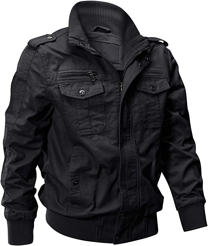 EKLENTSON Men's Cotton Lightweight Multi Pockets Zip Front Stand Collar Military Jackets Windbreaker