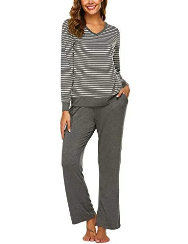 Ekouaer Women's V Neck Sleepwear Long Sleeve Cotton Pajama Set with Pockets Middle Grey L