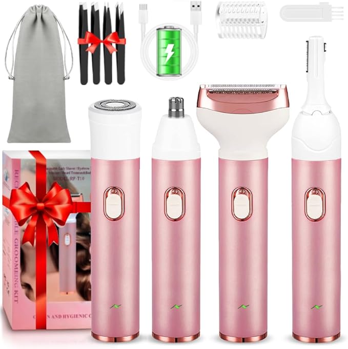 Electric Lady Shaver 4-in-1 Shaving Kit for Women Bikini Trimmer Facial Hair Remover Eyebrow Trimmer Nose Hair Trimmer Rechargeable Wet & Dry Use Easy Cleansing (Rosegold)