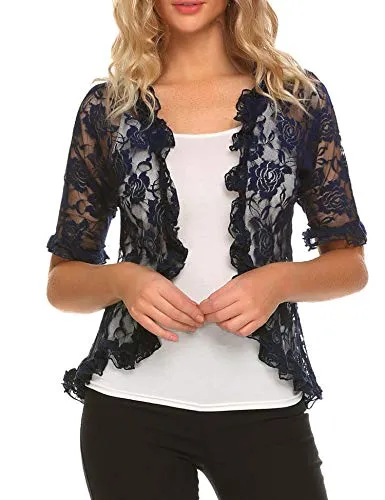 ELESOL Bolero Cardigans for Women Ruffle Lace Cropped Floral Shrug Sheer Open Front Navy Blue S