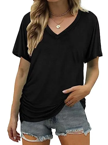 ELIY BASIC Women's Short Sleeve V Neck Pleated T Shirts Summer Loose Fit Basic Tunic with Side Shirring Casual Top Tees B-Black