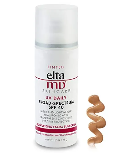 EltaMD UV Daily Tinted Face Sunscreen Moisturizer with Hyaluronic Acid, Broad Spectrum SPF 40, Non greasy, Sheer Lotion, Mineral-Based Sun Protection, 1.7 oz