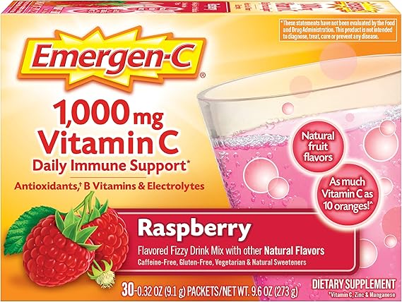 Emergen-C 1000mg Vitamin C Powder, with Antioxidants, B Vitamins and Electrolytes, Immunity Supplements for Immune Support, Caffeine Free Fizzy Drink Mix, Raspberry Flavor - 30 Count/1 Month Supply