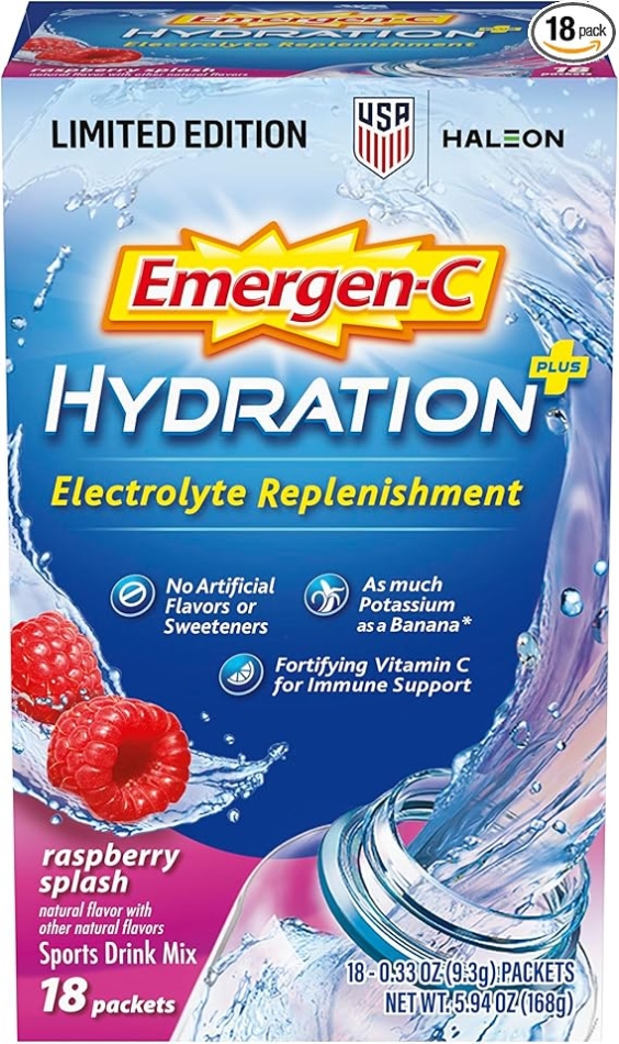 Emergen-C Hydration+ Sports Electrolyte Replacement Sports Drink Mix Powder with Vitamin C, Raspberry Splash Flavor, Back to School Essentials - 18 - 0.33 oz On The Go Packets