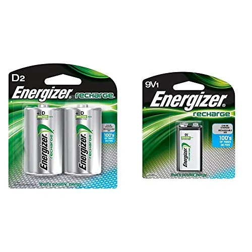 Energizerï¿½Rechargeable D Batteries, NiMH, 2500 mAh, 2 count & Energizer Rechargeable 9 volt Battery, (NH22NBP)