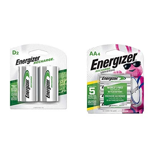 Energizer Rechargeable D Batteries, NiMH, 2500 mAh, 2 Count (NH50BP-2) Bundle with Energizer Rechargeable AA Batteries, NiMH, 2000 mAh, Pre-Charged, 4 Count (Recharge Universal)